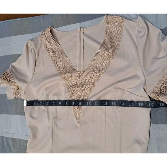 Women Dress Lace V Neck Ruffle Sleeve Casual Short Mini Dress Ligth Khaki Size M - Picture 5 of 14